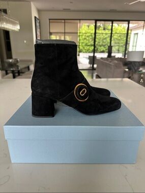 Prada Black Suede Ankle Boots with Gold Buckle